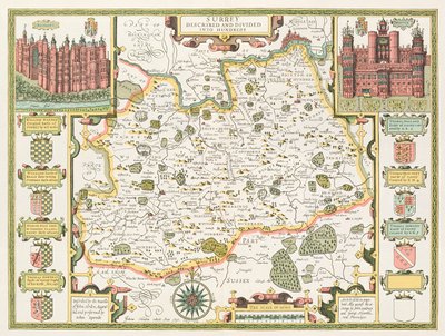 Carte du Surrey, gravée par Jodocus Hondius (1563-1612) du Théâtre de l